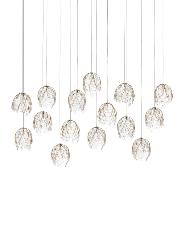 Currey & Company Banyan Antique Brass Branch Pendant Sculptural Glass Leaf Drop Chandelier for Entryways 15-Light Linear 9000-1391