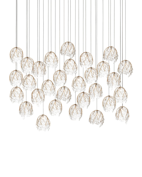 Currey & Company Banyan Antique Brass Branch Pendant Sculptural Glass Leaf Drop Chandelier for Entryways 30-Light Linear 9000-1392