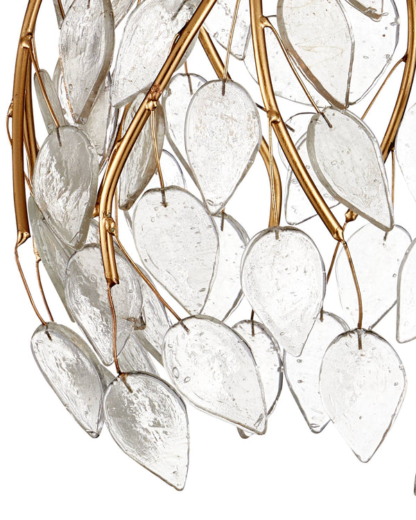 Currey & Company Banyan Antique Brass Branch Pendant Sculptural Glass Leaf Drop Chandelier for Entryways 30-Light Linear 9000-1392