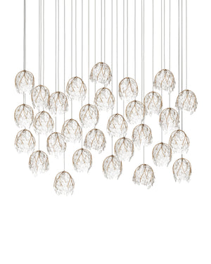 Currey & Company Banyan Antique Brass Branch Pendant Sculptural Glass Leaf Drop Chandelier for Entryways 30-Light Linear 9000-1392