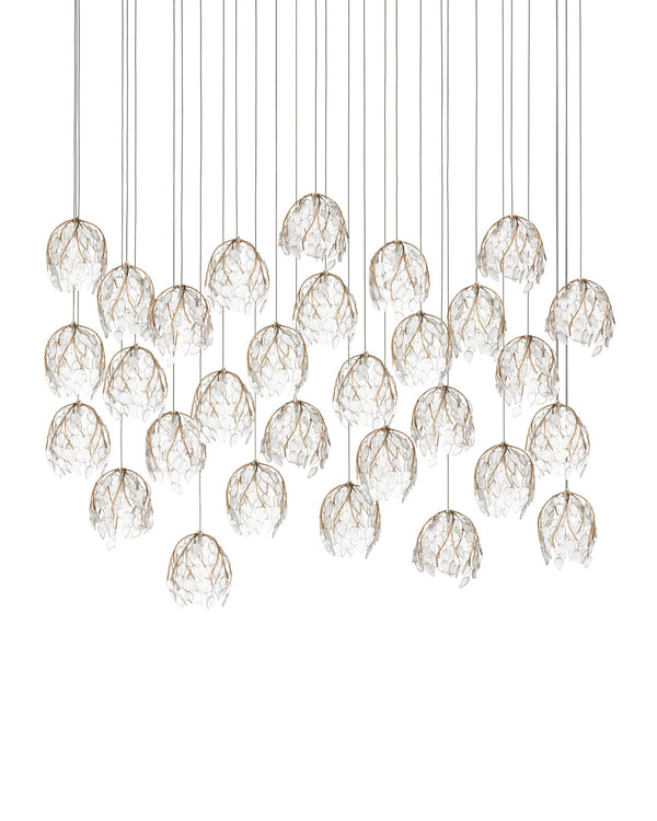Currey & Company Banyan Antique Brass Branch Pendant Sculptural Glass Leaf Drop Chandelier for Entryways 30-Light Linear 9000-1392