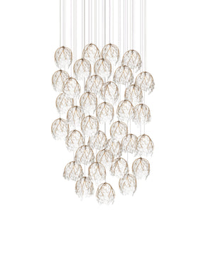 Currey & Company Banyan Antique Brass Branch Pendant Sculptural Glass Leaf Drop Chandelier for Entryways 36-Light Round 9000-1393