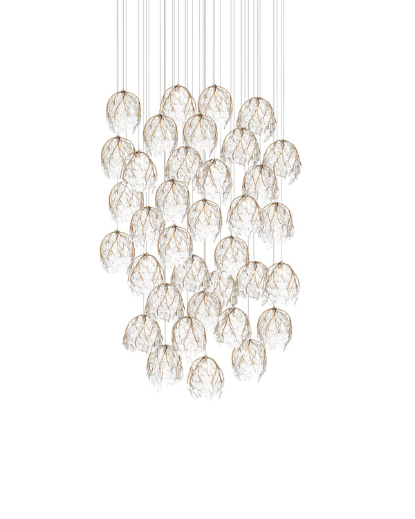 Currey & Company Banyan Antique Brass Branch Pendant Sculptural Glass Leaf Drop Chandelier for Entryways 36-Light Round 9000-1393
