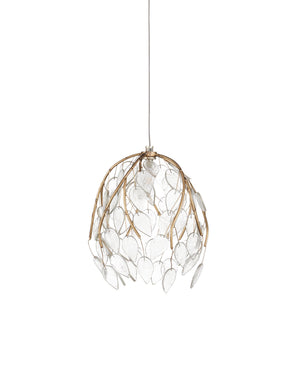 Currey & Company Banyan Antique Brass Branch Pendant Sculptural Glass Leaf Drop Chandelier for Entryways 36-Light Round 9000-1393