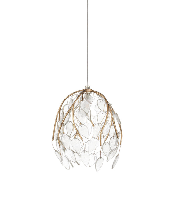 Currey & Company Banyan Antique Brass Branch Pendant Sculptural Glass Leaf Drop Chandelier for Entryways 36-Light Round 9000-1393