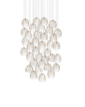 Currey & Company Banyan Antique Brass Branch Pendant Sculptural Glass Leaf Drop Chandelier for Entryways 36-Light Round 9000-1393