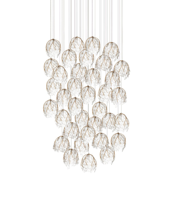 Currey & Company Banyan Antique Brass Branch Pendant Sculptural Glass Leaf Drop Chandelier for Entryways 36-Light Round 9000-1393
