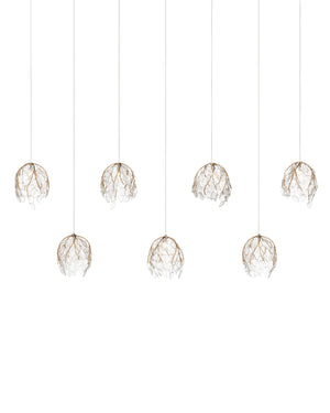 Currey & Company Banyan Antique Brass Branch Pendant Sculptural Glass Leaf Drop Chandelier for Entryways 7-Light Linear 9000-1394