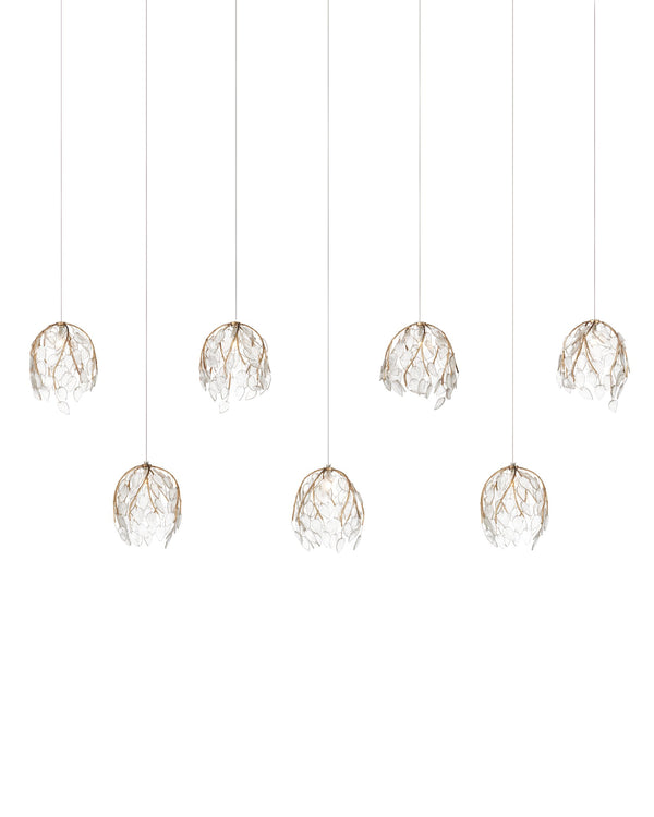 Currey & Company Banyan Antique Brass Branch Pendant Sculptural Glass Leaf Drop Chandelier for Entryways 7-Light Linear 9000-1394