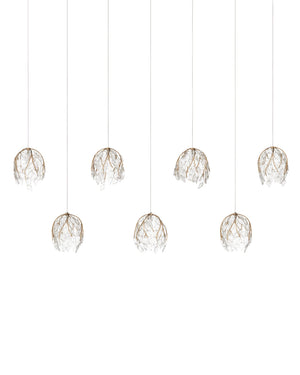 Currey & Company Banyan Antique Brass Branch Pendant Sculptural Glass Leaf Drop Chandelier for Entryways 7-Light Linear 9000-1394