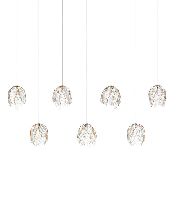 Currey & Company Banyan Antique Brass Branch Pendant Sculptural Glass Leaf Drop Chandelier for Entryways 7-Light Linear 9000-1394