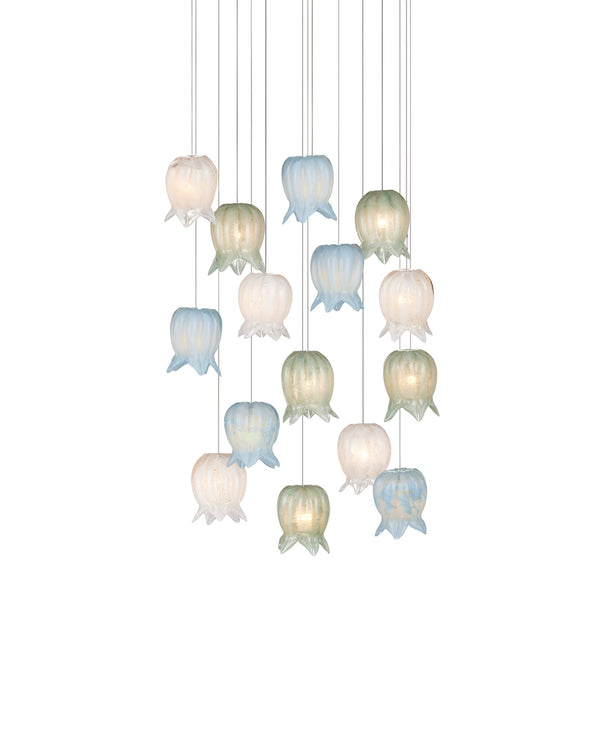 Currey & Company Polpo Three Light Art Glass Pendant with Venetian Bell Shades for Dining Rooms 15-Light Round 9000-1421