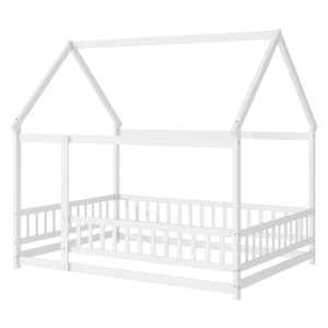 English Elm Full Size House Floor Bed With Roof Frame & Safety Guardrails - Cozy, Imaginative Retreat For Kids W504P286408