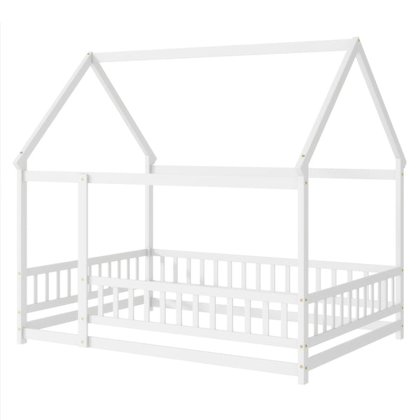 English Elm Full Size House Floor Bed With Roof Frame & Safety Guardrails - Cozy, Imaginative Retreat For Kids W504P286408