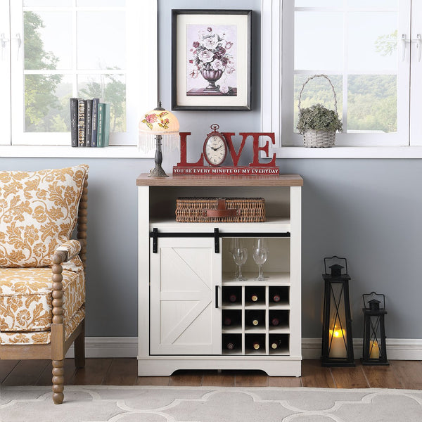 English Elm Farmhouse Sliding Barn Door Wine Cabinet with Thick Top, Rustic Oak & Antique White Finish, Space-Saving Storage W3151P264504