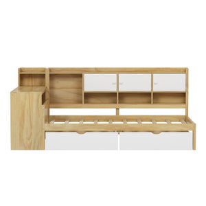 English Elm Wooden L-shape Twin Bed with Study Desk Bookshelf and Nine Storage Cabinets N733S247070M