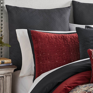 English Elm Sadler King 10pc Comforter Set in Red Faux Linen Medallion Print — Burgundy & Blue Jewel Tones, Embroidered Pillows, Bedskirt B340P341979