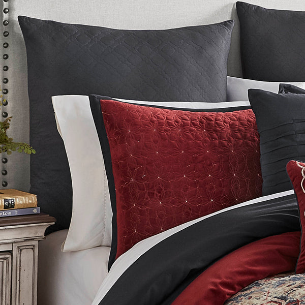 English Elm Sadler Queen 9-Piece Comforter Set in Deep Burgundy & Blue Jewel Tones with Embroidered Pillows, Faux Linen Medallion Pattern, Polyester B340P341980