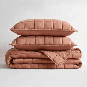 English Elm 3-piece French Linen Quilt Set King Garment Washed Box Stitch Breathable Bedding Brick Red B035P408304