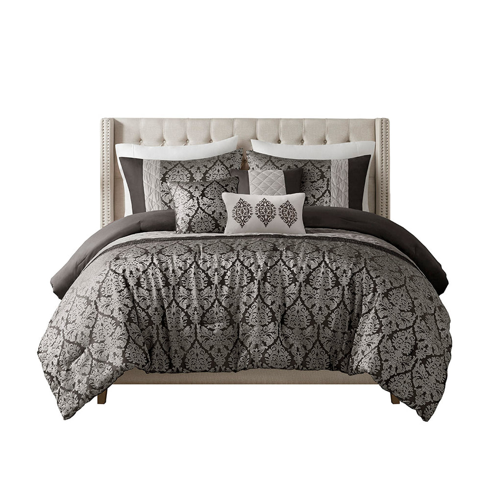 JLA Home Madison Park - 6 Jacquard Comforter Set Luxury Damask Embroidered Mink Accents Hypoallergenic Durable Easy Care Black MP10-8406