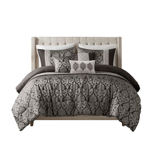 JLA Home Madison Park - 6 Jacquard Comforter Set Luxury Damask Embroidered Mink Accents Hypoallergenic Durable Easy Care Black MP10-8406