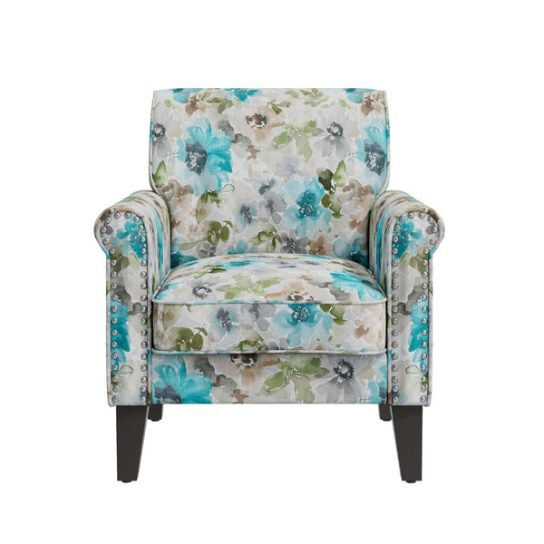 English Elm Barnet Floral Accent Armchair with Pewter Nailhead Trim and Tapered Wood Legs B127P495064