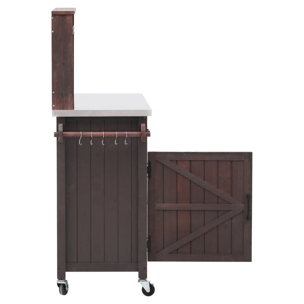 English Elm K&k Solid Fir Grill Cart Stainless Steel Top Outdoor Kitchen Station with Locking Wheels Brown N707P409087Z