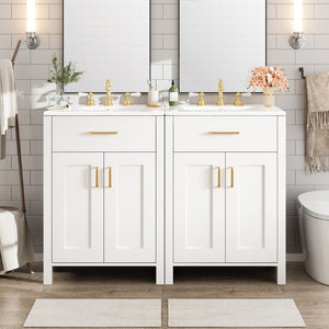 English Elm Modern 48 Inch Freestanding Bathroom Vanity Dual Ceramic Sinks Soft Close Gold Handles White N729P000008K