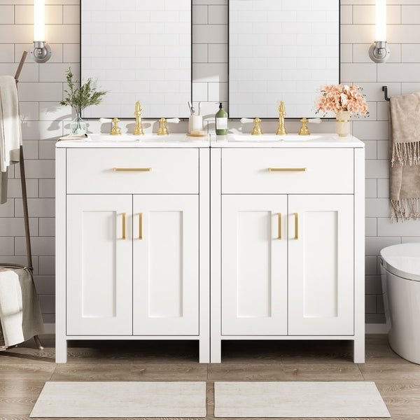 English Elm Modern 48 Inch Freestanding Bathroom Vanity Dual Ceramic Sinks Soft Close Gold Handles White N729P000008K