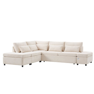 English Elm [video]107'' Chenille Sleeper Sectional with Usb Charging Storage Ottoman and Adjustable Armrest Beige N723S8782A