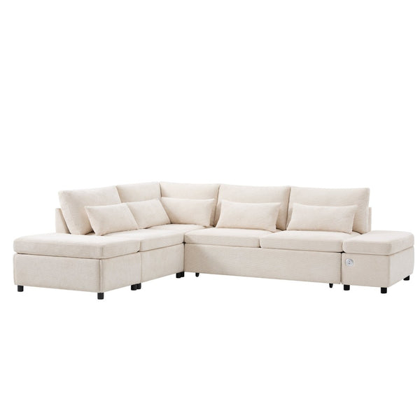 English Elm [video]107'' Chenille Sleeper Sectional with Usb Charging Storage Ottoman and Adjustable Armrest Beige N723S8782A