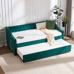 English Elm Twin Velvet Daybed with Pull Out Trundle Tufted Back Usb Port and Side Pockets Emerald W1361S00038
