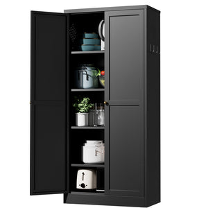 English Elm 61" Matte Black Steel Freestanding Pantry Cabinet with 4 Adjustable Shelves Modern Farmhouse T2398P465983