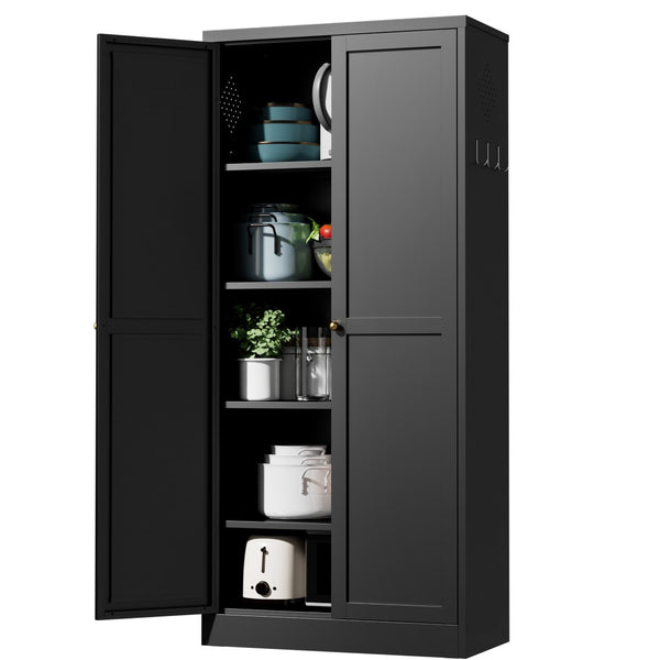 English Elm 61" Matte Black Steel Freestanding Pantry Cabinet with 4 Adjustable Shelves Modern Farmhouse T2398P465983