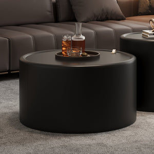 English Elm Black Round Coffee Table Pu Leather Cylindrical Base Tempered Glass Top Hidden Storage Black W3081P442392