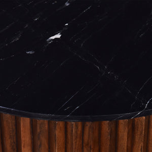 English Elm 12 In. Round Pierre Side Table with Black Marble Top & Slim Metal Base, Modern Compact Accent Piece B2741P286094