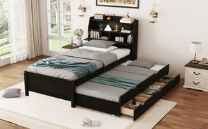 English Elm Twin LED Platform Bed with Trundle and Under-Storage Drawers, Flip-Up Headboard, USB Ports Espresso N820S10008D