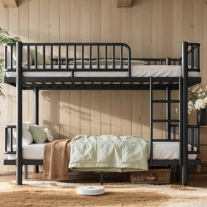 English Elm Queen Over Metal Bunk Bed Convertible Platform Frame with Safety Guardrails Black W5305S00063