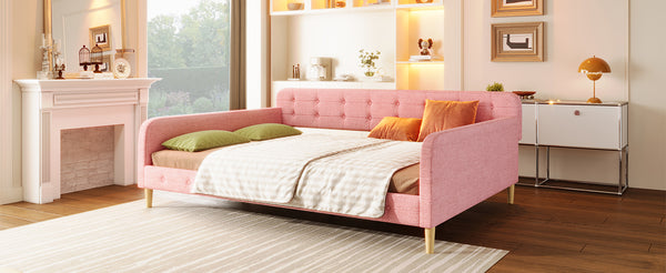 English Elm Queen Upholstered Daybed with Tufted High Sideboard, Linen Finish, Solid Wood Frame, 800lb Capacity Pink N7500001850H