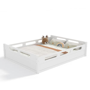 English Elm Queen Low Profile Floor Bed Pine Wood Frame Japandi Minimalist Bedroom Design White W1580P438794
