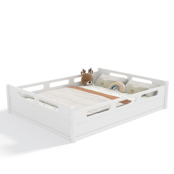 English Elm Queen Low Profile Floor Bed Pine Wood Frame Japandi Minimalist Bedroom Design White W1580P438794