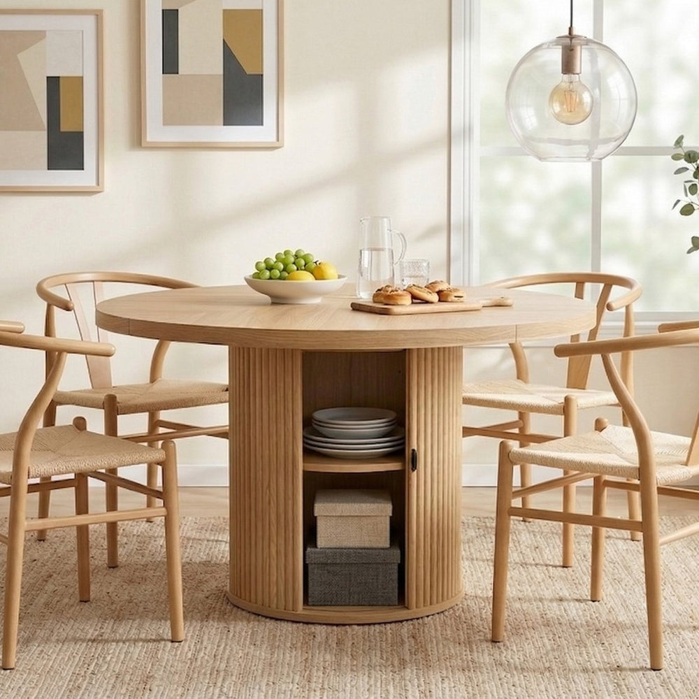 English Elm 47.2-inch Round Walnut Pedestal Dining Table with Roman Column Base and Hidden Storage W2920S00053