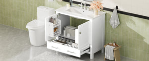 English Elm 36" White Bathroom Vanity with Ceramic Sink, Soft-Close Doors, Divided Drawer & Double Shelves for Organized Modern Bathrooms N729P276609K