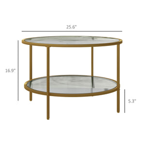English Elm Homcom Gold Round Side Table With 2-Tier Glass Shelves, Stylish Storage For Modern Living Room Decor W2225P217456