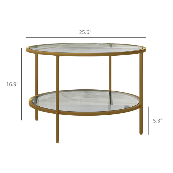 English Elm Homcom Gold Round Side Table With 2-Tier Glass Shelves, Stylish Storage For Modern Living Room Decor W2225P217456