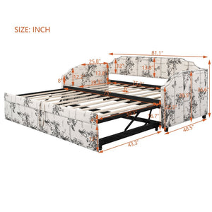 English Elm Twin Linen Upholstered Daybed with Pop up Trundle and Built in Usb Charging White Tossed Botanical SF000199AAZ