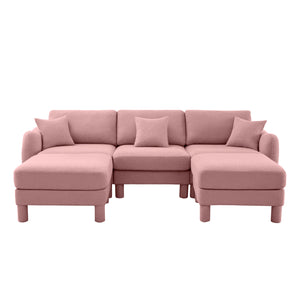 English Elm Boucle U-Shaped 3-Seater Sectional Sofa With Shell Armrests & Movable Ottomans In Chic Pink Color W3041S00294