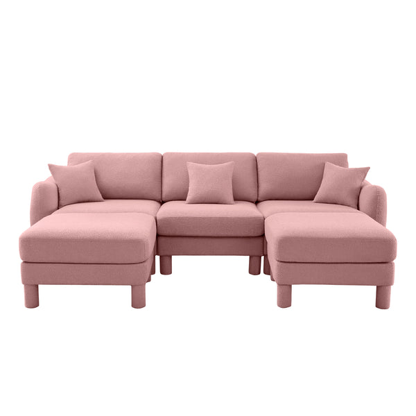 English Elm Boucle U-Shaped 3-Seater Sectional Sofa With Shell Armrests & Movable Ottomans In Chic Pink Color W3041S00294