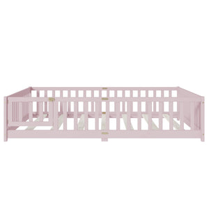 English Elm Queen Rubber Wood Floor Bed with Full Perimeter Safety Fence and Hinged Access Door Pink W504P429344