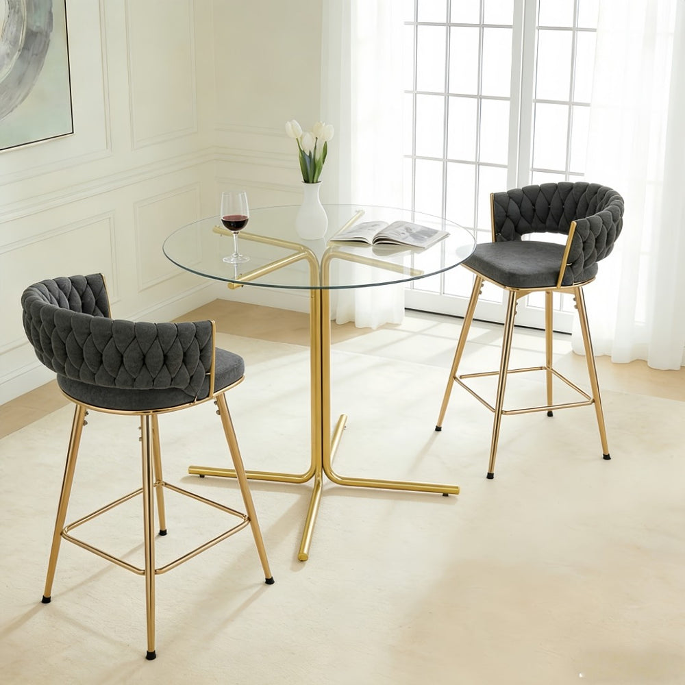 English Elm 2-person Tempered Glass Bar Table Set with Swivel Upholstered Chairs for Kitchen Dining Dark Gray,Gold,Transparent W2920S00120
